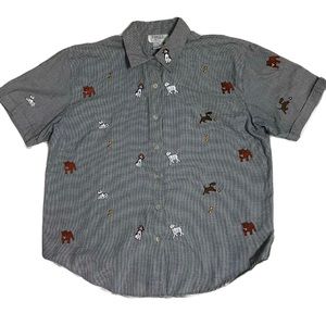 Teddi Petite Women’s Button Down Short Sleeve Puppy Dogs  Houndstooth Sz PL